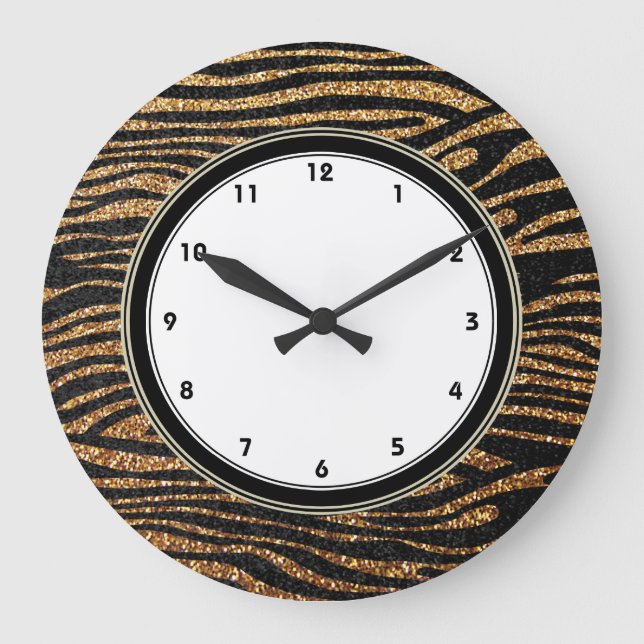 Gold zebra stripes print (faux glitter bling) large clock (Front)
