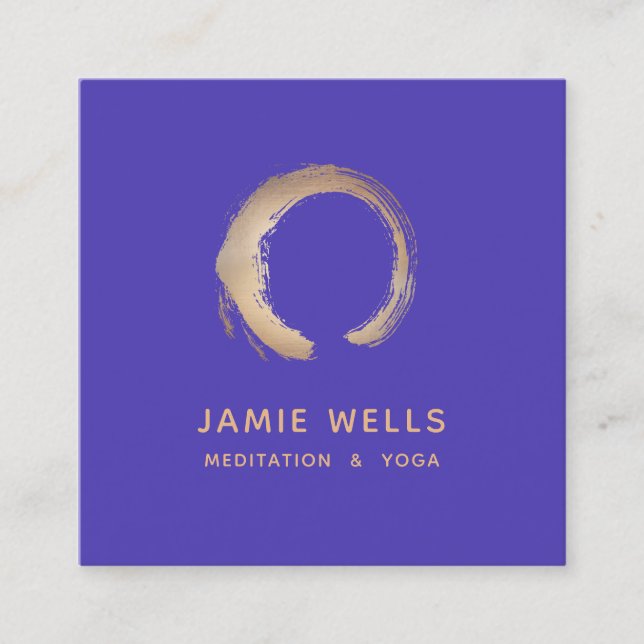 Gold Zen Enso Yoga Meditation Teacher Purple Square Business Card (Front)