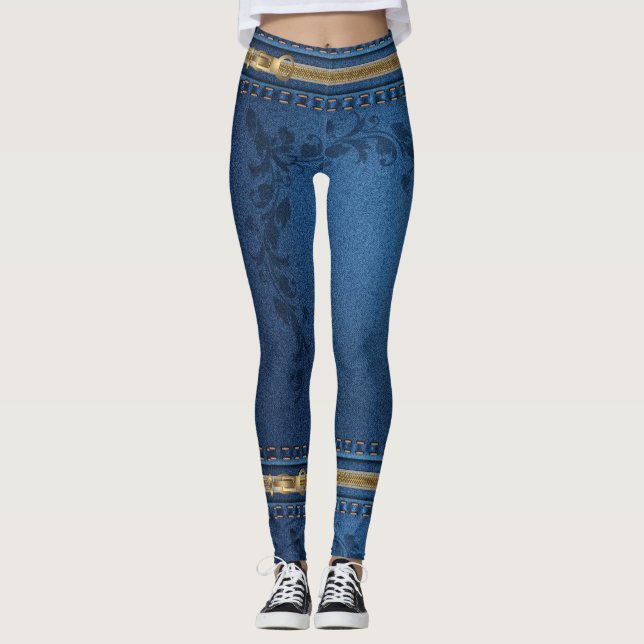Gold Zipper Blue Jean Leggings (Front)