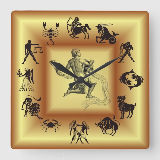 Gold  Zodiac ~ Astrological Signs ~ Aquarius ~ Square Wall Clock (Front)
