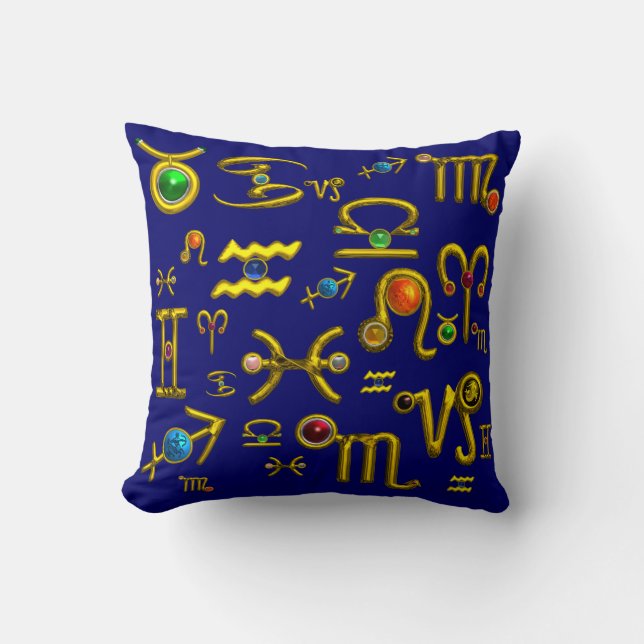 GOLD ZODIAC BIRTHDAY JEWELS,GEMSTONES,ASTROLOGY CUSHION (Front)