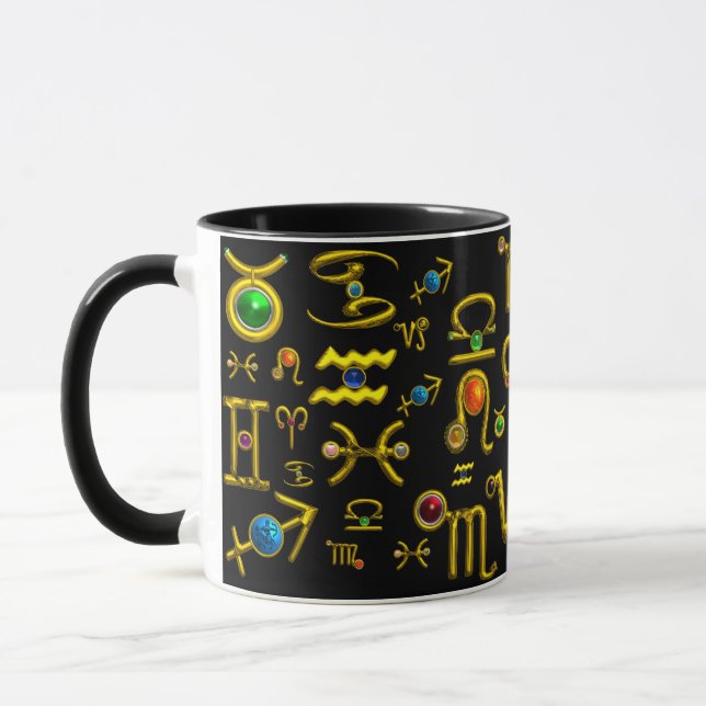 GOLD ZODIAC BIRTHDAY JEWELS,GEMSTONES,ASTROLOGY MUG (Left)