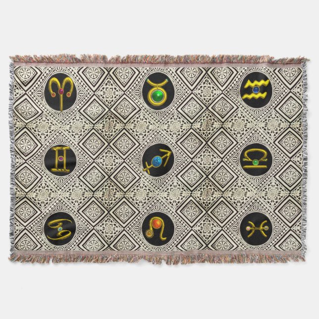 GOLD ZODIAC BIRTHDAY JEWELS,GEMSTONES,ASTROLOGY THROW BLANKET (Front)