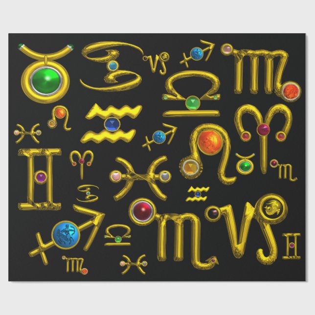GOLD ZODIAC BIRTHDAY JEWELS,GEMSTONES,ASTROLOGY WRAPPING PAPER (Flat)
