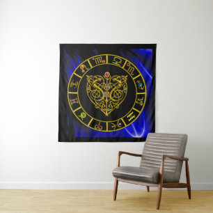 GOLD ZODIAC CHART,ASTRAL HEART,CELTIC KNOTS TAPESTRY