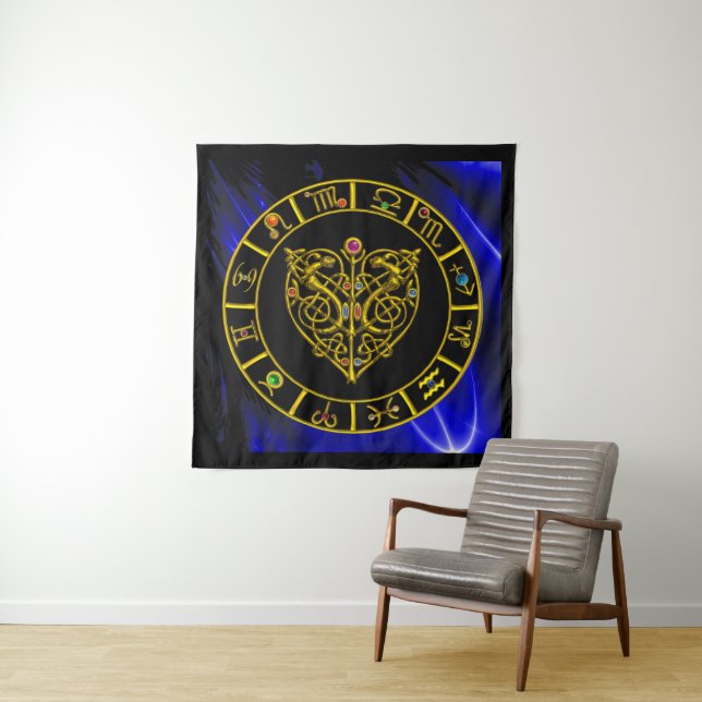 GOLD ZODIAC CHART,ASTRAL HEART,CELTIC KNOTS TAPESTRY (In Situ (Horizontal))