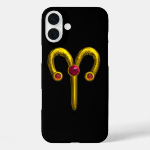 GOLD ZODIAC SIGN ARIES, Red Ruby Black iPhone 16 Plus Case