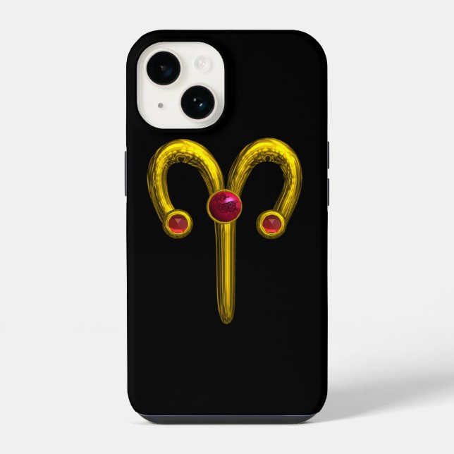 GOLD ZODIAC SIGN ARIES, Red Ruby Black iPhone Case (Back)