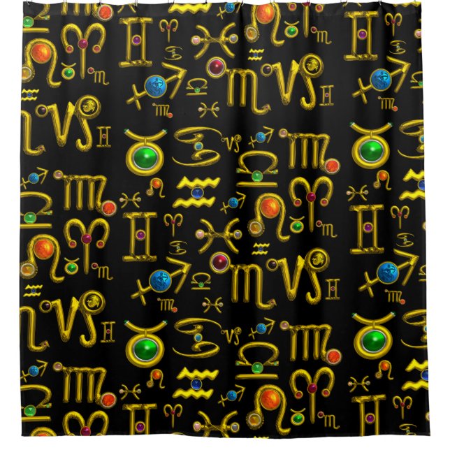 GOLD ZODIAC SIGN JEWELS,GEMSTONES,ASTROLOGY  SHOWER CURTAIN (Front)