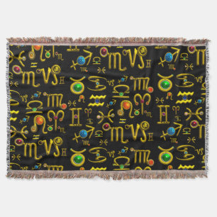 GOLD ZODIAC SIGN JEWELS,GEMSTONES,ASTROLOGY  THROW BLANKET