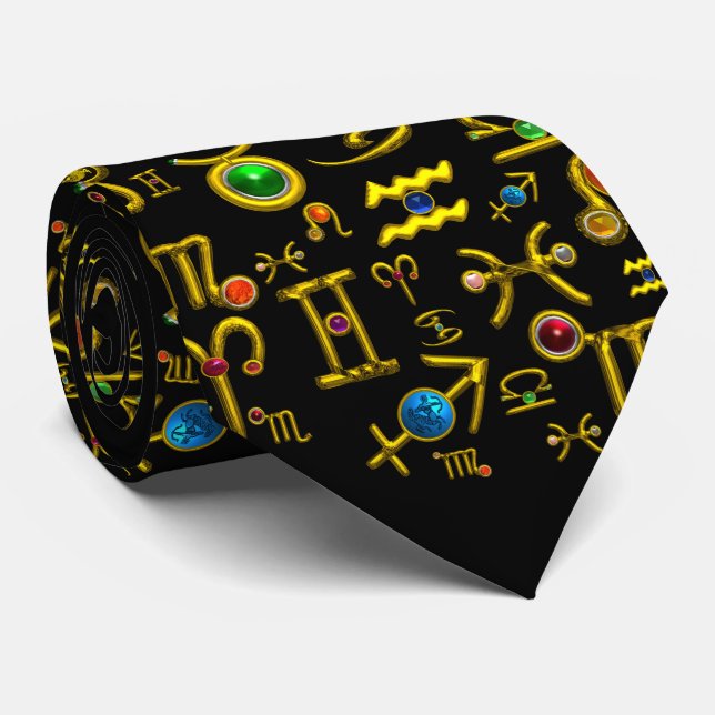 GOLD ZODIAC SIGN JEWELS,GEMSTONES,ASTROLOGY  TIE (Rolled)