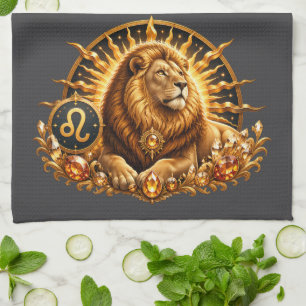 Gold Zodiac Sign Leo With Gemstones Grey Tea Towel