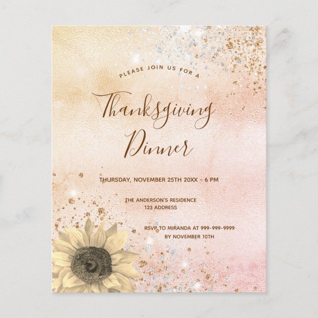 Golde sunflower Thanksgiving Dinner invitation (Front)