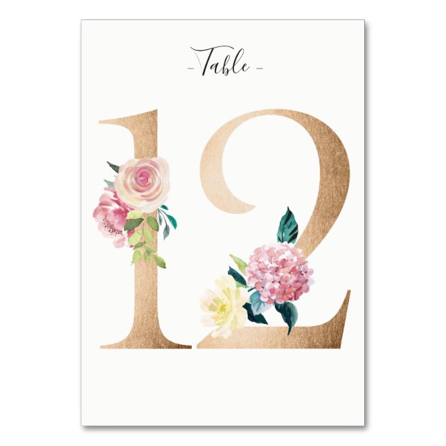 Golden 12 Floral Table Number Card (Front)
