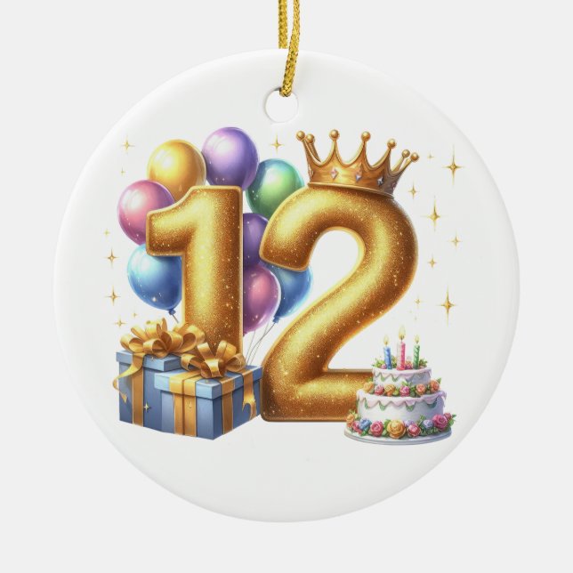 Golden 12th Birthday Ceramic Tree Decoration (Front)