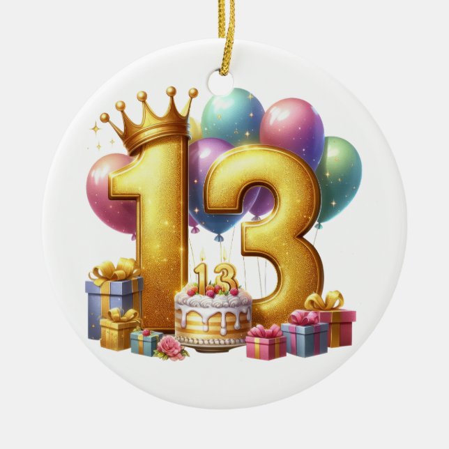 Golden 13th Birthday Ceramic Tree Decoration (Front)