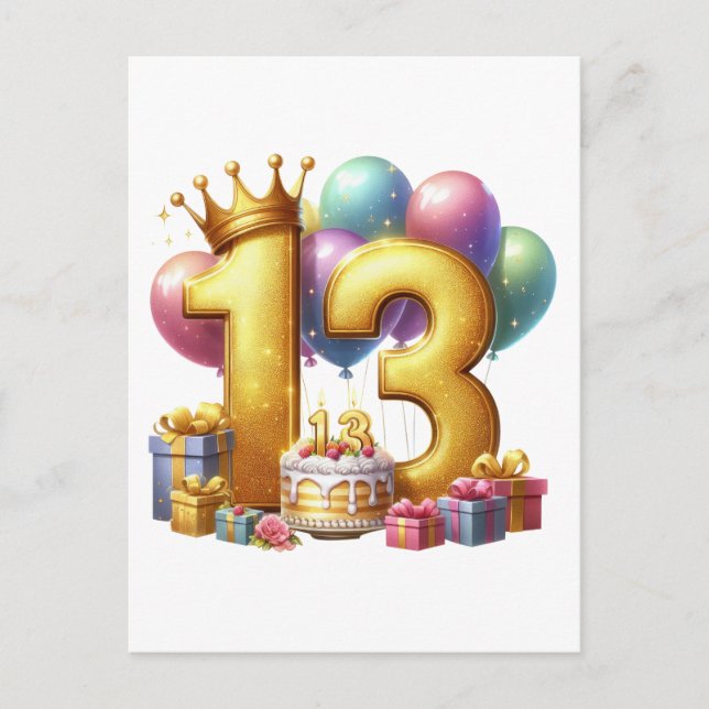 Golden 13th Birthday Postcard (Front)