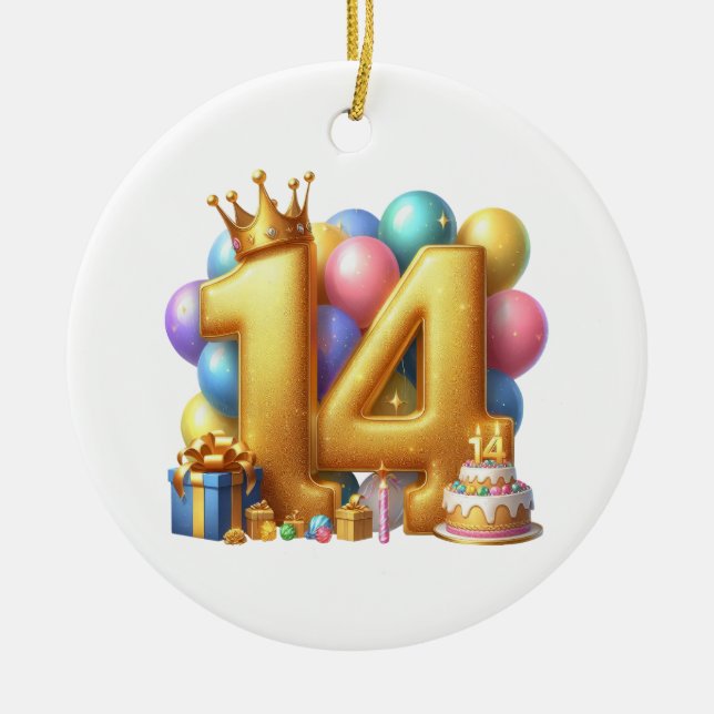 Golden 14th Birthday Ceramic Tree Decoration (Front)