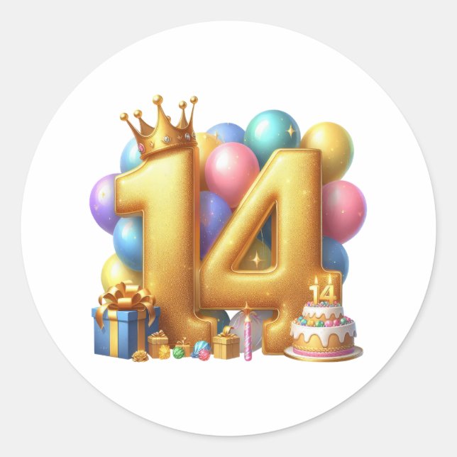 Golden 14th Birthday Classic Round Sticker (Front)