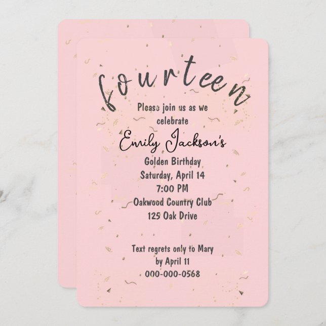 Golden 14th Birthday Golden Confetti On Blush Pink Invitation (Front/Back)