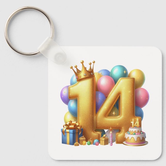 Golden 14th Birthday Key Ring (Front)