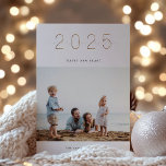 Golden 2025 New Year's Photo Card<br><div class="desc">Modern and elegant golden "2025",  New Year's photo card. Minimalist design with single photo. Back of card features solid navy blue colour.</div>