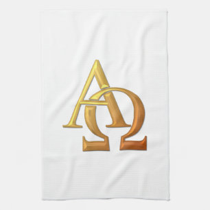 Golden "3-D" Alpha and Omega Symbol Tea Towel