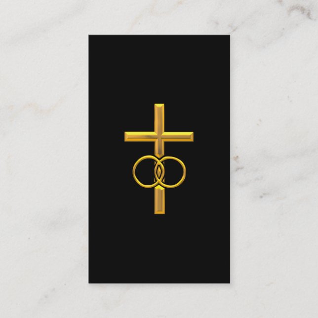 Golden 3-D Cross with Wedding Rings Business Card (Front)