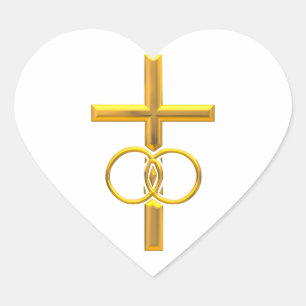 Golden 3-D Cross with Wedding Rings Heart Sticker