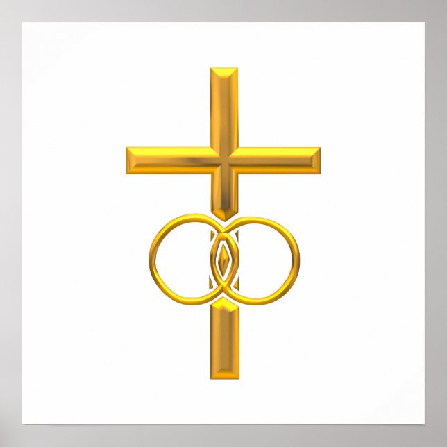 Golden 3-D Cross with Wedding Rings Poster (Front)