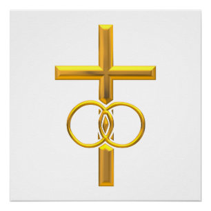 Golden 3-D Cross with Wedding Rings Poster
