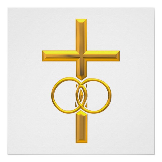Golden 3-D Cross with Wedding Rings Poster (Front)