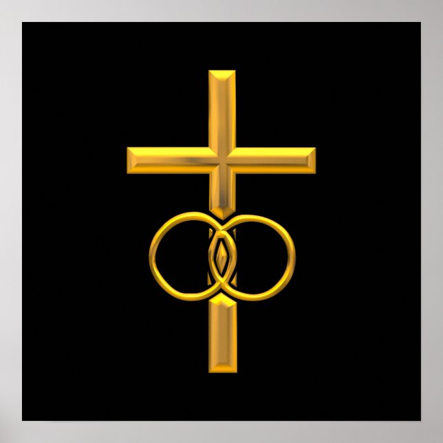 Golden 3-D Cross with Wedding Rings Poster (Front)
