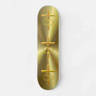 Golden 3-D Cross with Wedding Rings Skateboard