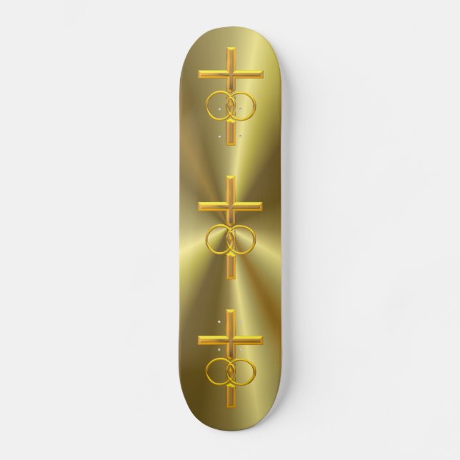 Golden 3-D Cross with Wedding Rings Skateboard (Front)