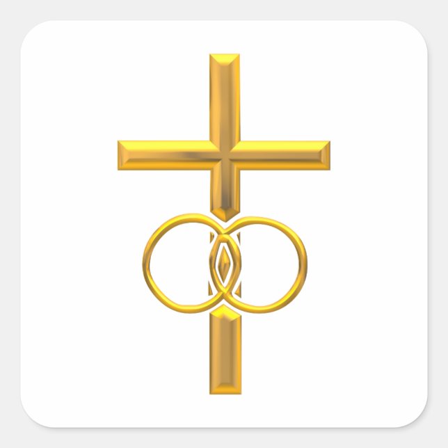 Golden 3-D Cross with Wedding Rings Square Sticker (Front)