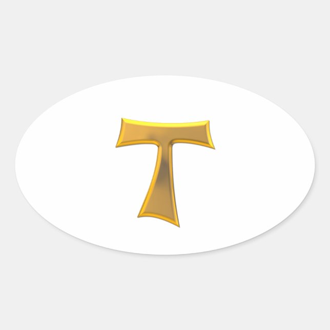 Golden 3-D Look Franciscan Tau Cross Oval Sticker (Front)