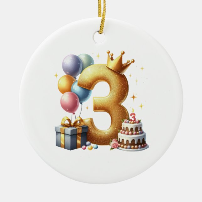 Golden 3rd Birthday Ceramic Tree Decoration (Front)