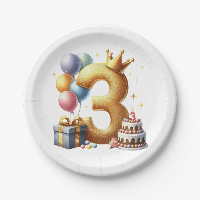Golden 3rd Birthday Paper Plate (Front)