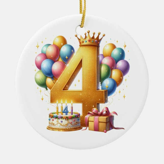 Golden 4th Birthday Ceramic Tree Decoration (Front)