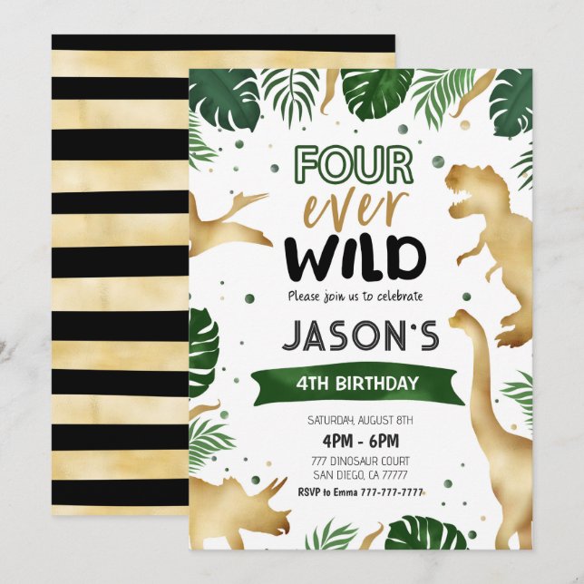 Golden 4th Dinosaur Birthday Party Invitation (Front/Back)
