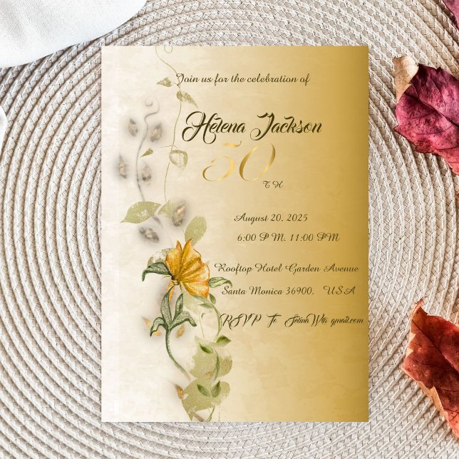 Golden 50 th birthday invitation postcard  (Creator Uploaded)