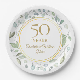 Golden 50 Wedding Anniversary Laurel Greenery  Paper Plate