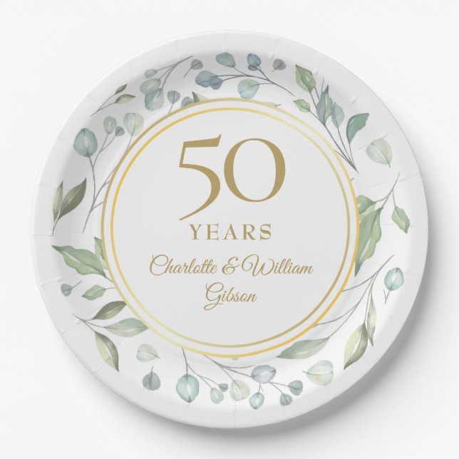 Golden 50 Wedding Anniversary Laurel Greenery  Paper Plate (Front)