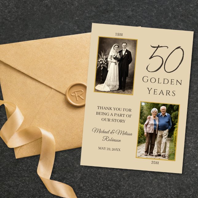 Golden 50 Years Anniversary Photo Thank You Card (Elegant ivory and gold 50th anniversary thank you card with photo timeline design.)