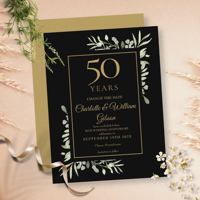 Golden 50th Anniversary Change the Date Greenery Announcement Postcard (Creator Uploaded)