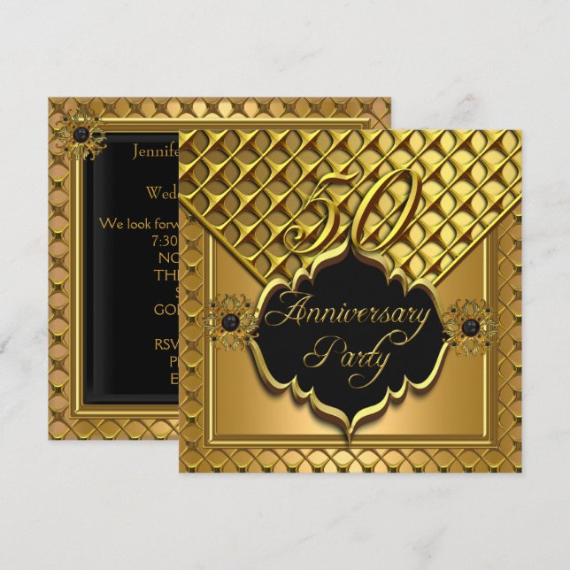 Golden 50th Anniversary Elite Elegant Black Gold Invitation (Front/Back)
