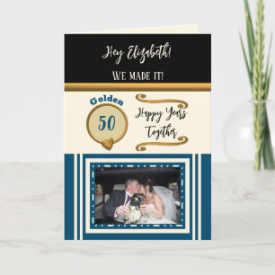 Golden 50th anniversary happy years blue black card