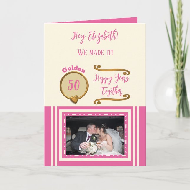 Golden 50th anniversary happy years pink cream card (Front)