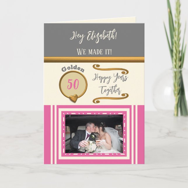 Golden 50th anniversary happy years pink grey card (Front)